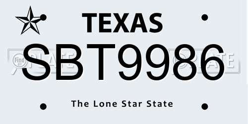 SBT9986 Texas License Plate
