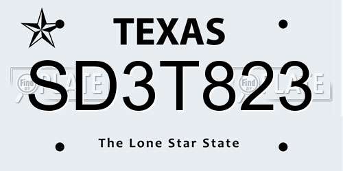 SD3T823 Texas License Plate