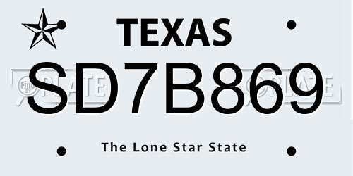 SD7B869 Texas License Plate
