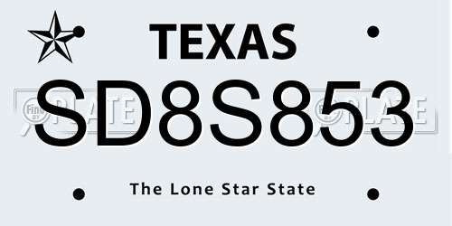 SD8S853 Texas License Plate
