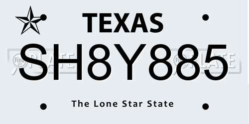 SH8Y885 Texas License Plate
