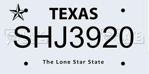 SHJ3920 Texas License Plate