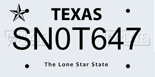 SN0T647 Texas License Plate
