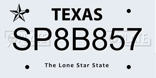 SP8B857 Texas License Plate