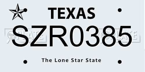 SZR0385 Texas License Plate