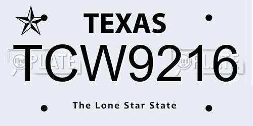 TCW9216 Texas License Plate