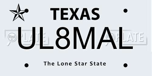 UL8MAL Texas License Plate