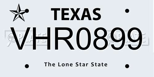 VHR0899 Texas License Plate