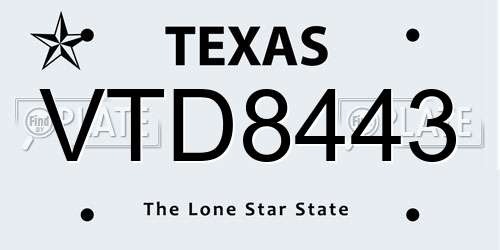 VTD8443 Texas License Plate