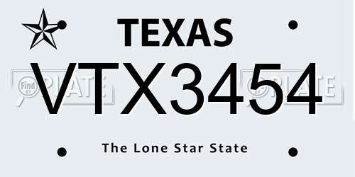 VTX3454 Texas License Plate
