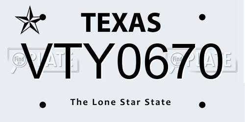 VTY0670 Texas License Plate