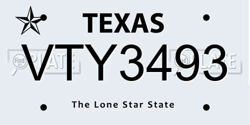 VTY3493 Texas License Plate