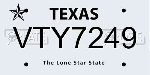 VTY7249 Texas License Plate