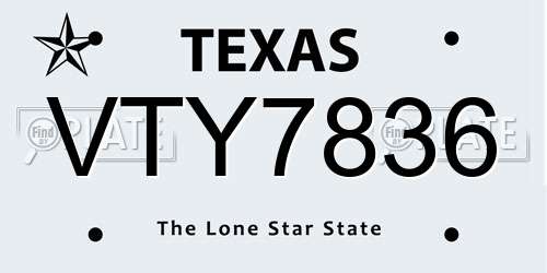 VTY7836 Texas License Plate