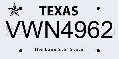 VWN4962 Texas License Plate