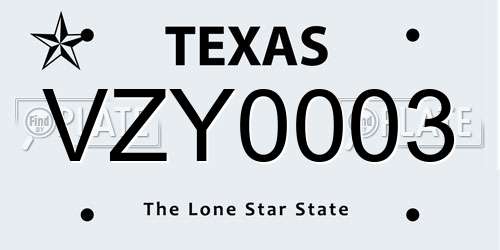 VZY0003 Texas License Plate