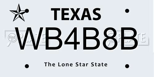 WB4B8B Texas License Plate