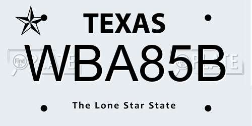 WBA85B Texas License Plate