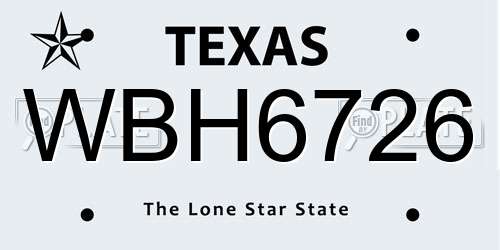 WBH6726 Texas License Plate