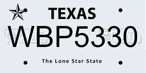 WBP5330 Texas License Plate