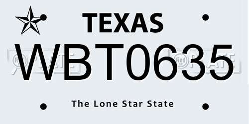 WBT0635 Texas License Plate