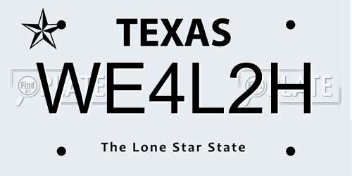 WE4L2H Texas License Plate