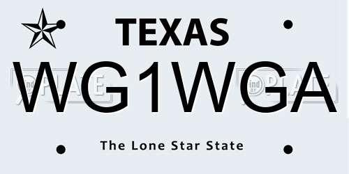 WG1WGA Texas License Plate
