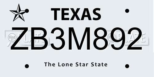 ZB3M892 Texas License Plate