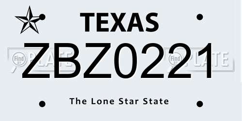 ZBZ0221 Texas License Plate