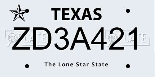ZD3A421 Texas License Plate
