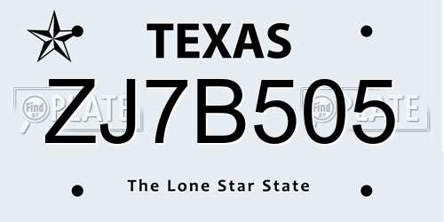 ZJ7B505 Texas License Plate