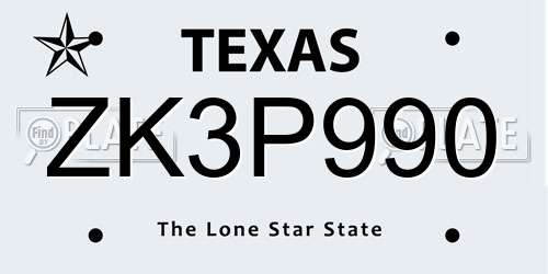 ZK3P990 Texas License Plate