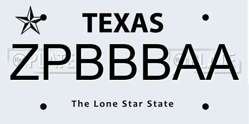 ZPBBBAA Texas License Plate