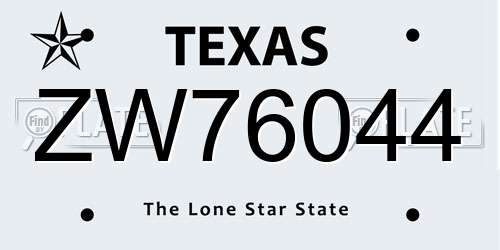 ZW76044 Texas License Plate