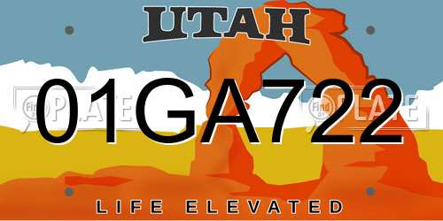 01GA722 Utah License Plate