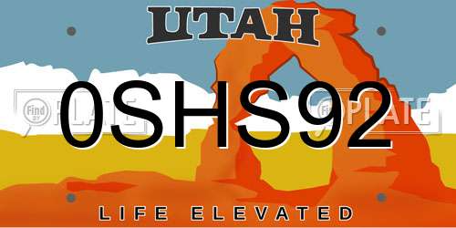 0SHS92 Utah License Plate