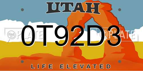 0T92D3 Utah License Plate
