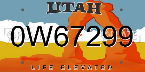 0W67299 Utah License Plate