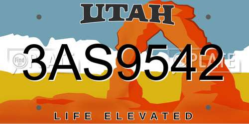3AS9542 Utah License Plate