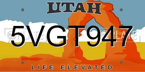 5VGT947 Utah License Plate