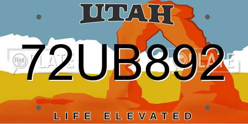 72UB892 Utah License Plate
