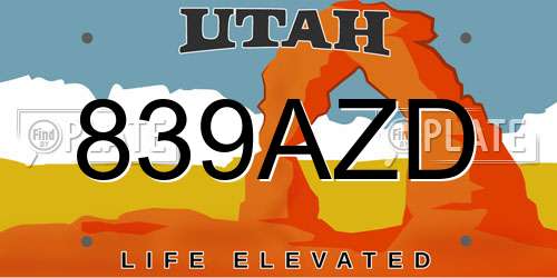 839AZD Utah License Plate