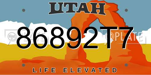 86892T7 Utah License Plate