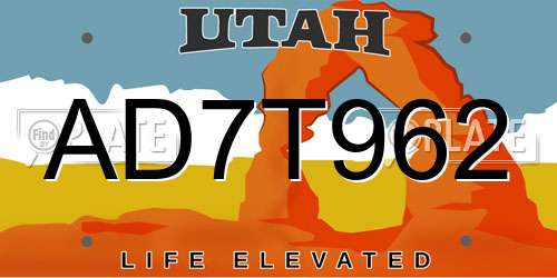 AD7T962 Utah License Plate