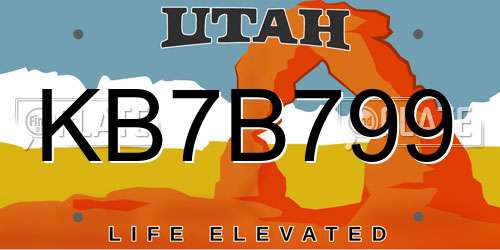 KB7B799 Utah License Plate