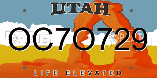 OC7O729 Utah License Plate