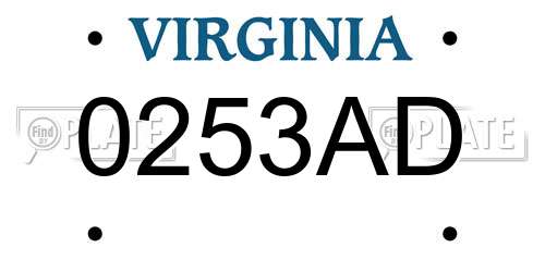 0253AD Virginia License Plate