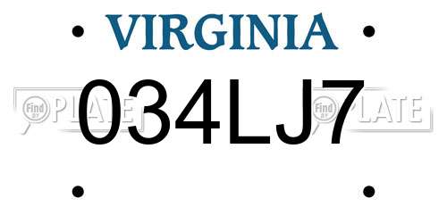 034LJ7 Virginia License Plate