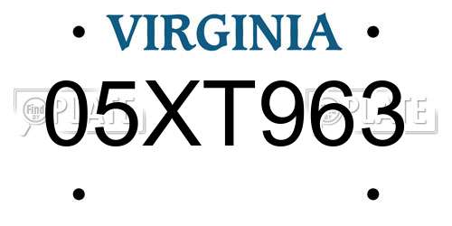 05XT963 Virginia License Plate