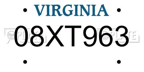 08XT963 Virginia License Plate